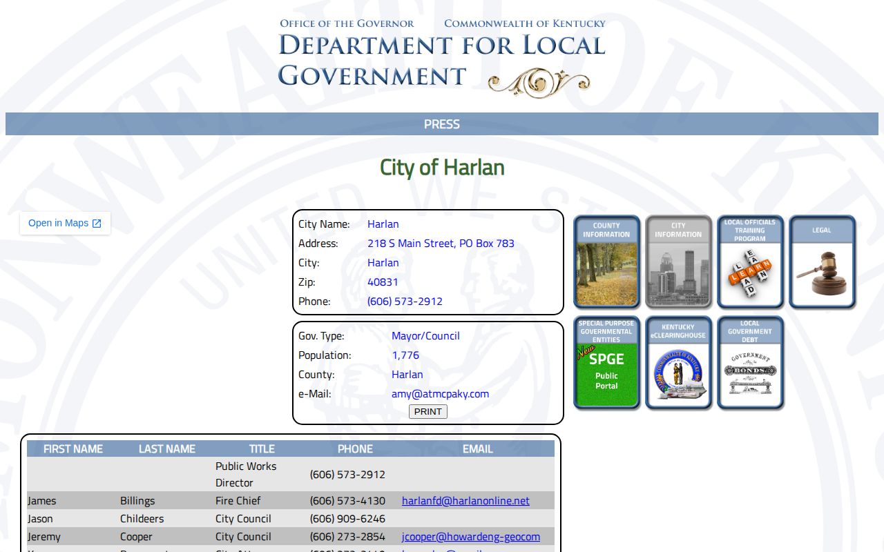Kentucky state profile showing Harlan city and police contact information