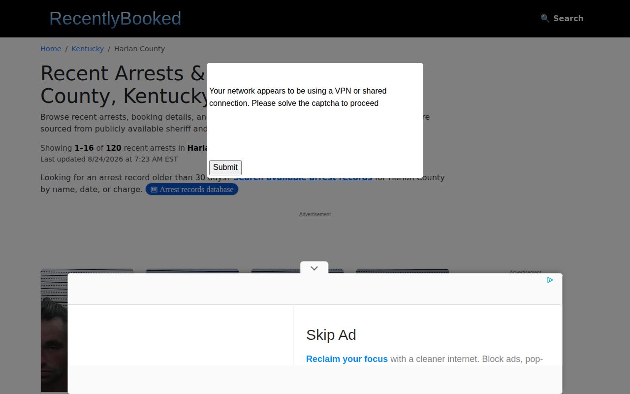 Harlan County secondary recent booking record controls